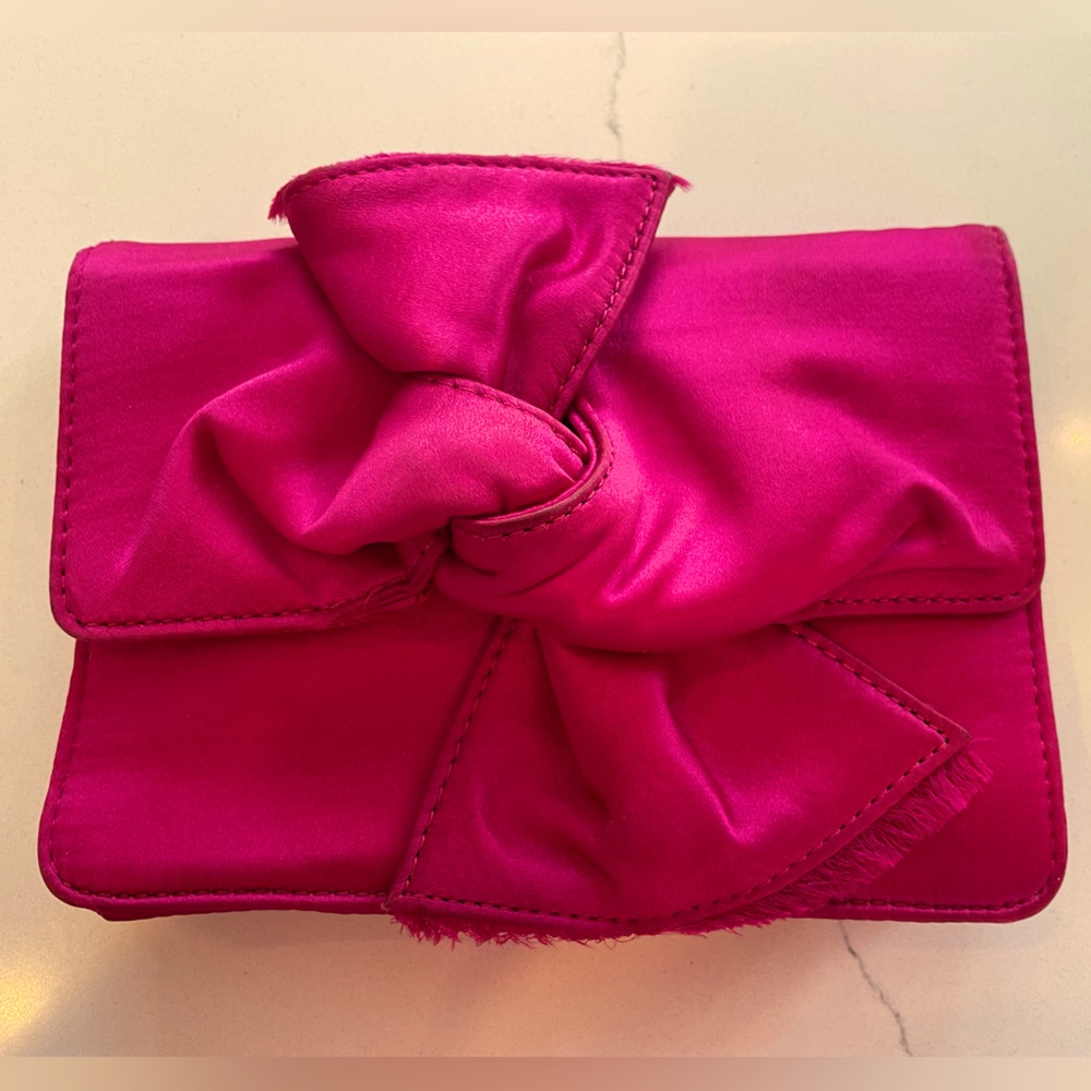 BCBG Maxazria Hot pink satin evening clutch with gold wrist strap